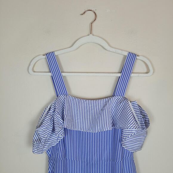 J.Crew Dress 0 Blue White Silk Striped Ruffle Cold Shoulder Handkerchief Midi - Picture 2 of 8